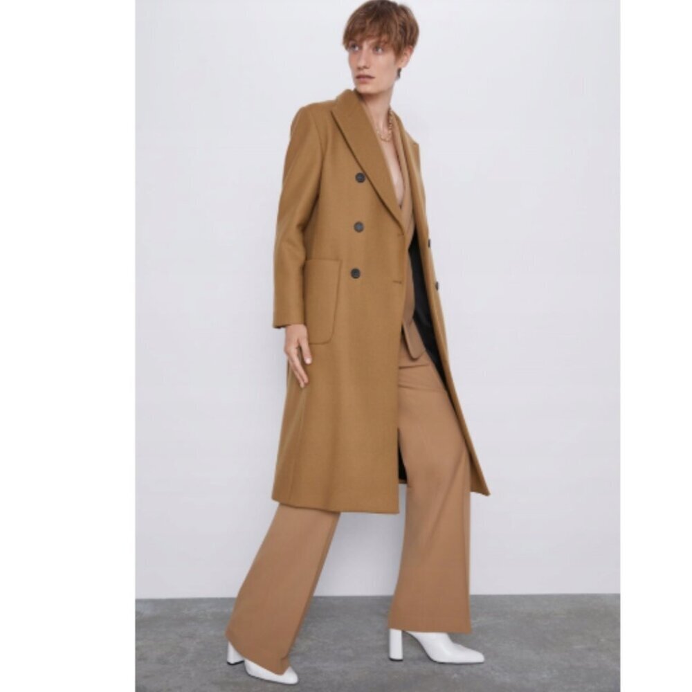 Zara - Long Mantego Wool Coat in Camel - M - 7947/744/756